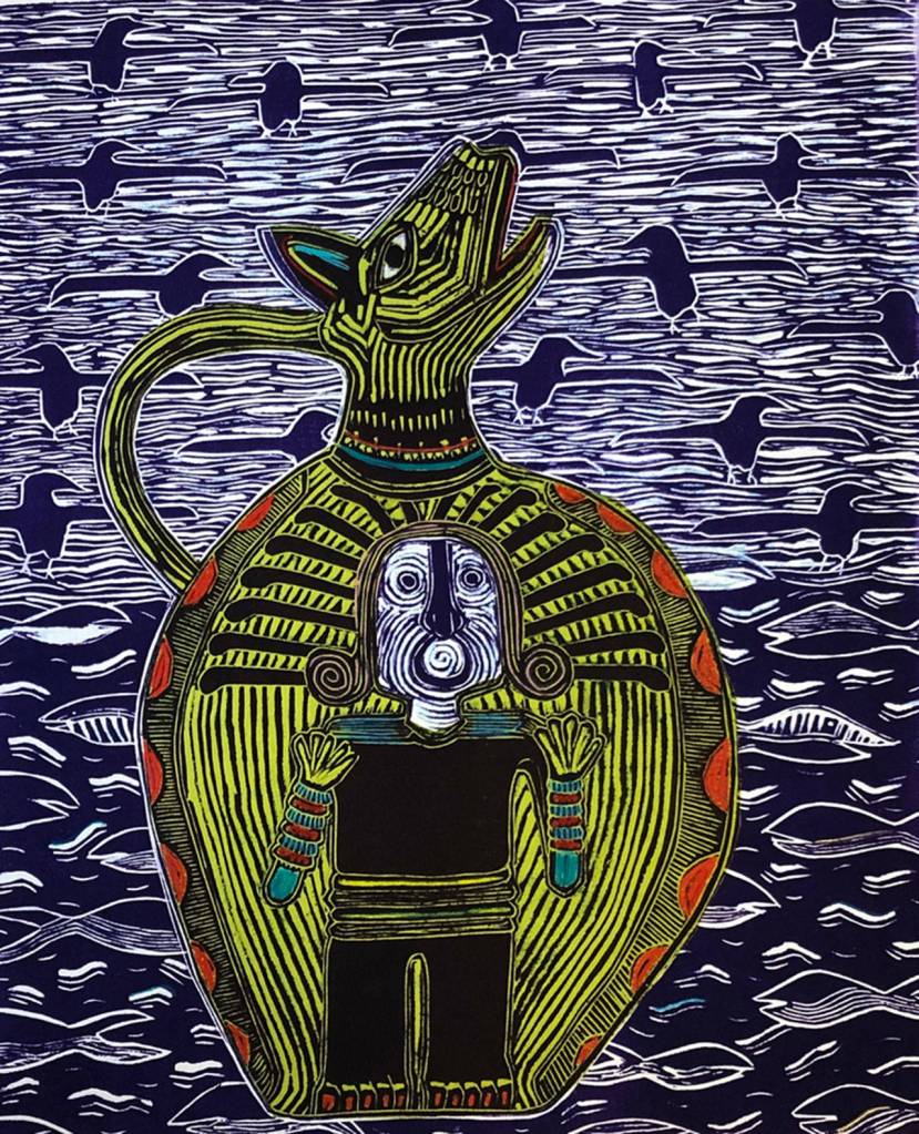 First place, Prints: Laurie D. Brown, Stuck Inside, linocut, chine collé, prismacolor