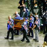 The symbolic remains of Officer Charlie Joe Cortez is carried in to start the memorial service for Officer Cortez Tuesday afternoon at the Angel of the Winds Arena in Everett on August 17, 2021.  (Kevin Clark / The Herald)