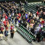 Members of the Tulalip Tribes start of the memorial service for Officer Charlie Joe Cortez Tuesday afternoon at the Angel of the Winds Arena in Everett on August 17, 2021.  (Kevin Clark / The Herald)