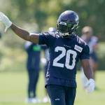 Seattle Seahawks running back Rashaad Penny waves to fans during NFL football practice Thursday, July 29, 2021, in Renton, Wash. (AP Photo/Ted S. Warren)