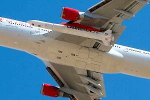 Virgin Orbit Boeing 747-400 rocket launch platform, named Cosmic Girl, takes off from Mojave Air and Space Port, Mojave (MHV) on its second orbital launch demonstration in the Mojave Desert, north of Los Angeles. (AP Photo/Matt Hartman)