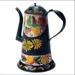 This 19th-century 10-inch-high painted tin coffeepot sold in a Cowan auction for $544. (Cowles Syndicate Inc.)