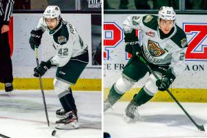 Cole Fonstad (left) and Gianni Fairbrother (right) were co-captains for the Silvertips' 2020-21 U.S. Division championship team. (Kevin Clark / The Herald)
