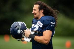 Seattle Seahawks tight end Luke Willson  looks on during NFL football training camp, Friday, Aug. 21, 2020, in Renton, Wash. (Bettina Hansen/The Seattle Times via AP)