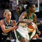 Seattle Storms Jewell Loyd has her jersey grabbed by at Chicago Skys Courtney Vandersloot during the game at Angel of the Winds Arena on Friday, Aug. 27, 2021 in Everett, Wash. (Olivia Vanni / The Herald)