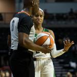 Seattle Stormճ Jordin Canada talks to the referee about a call during the game against the Chicago Sky at Angel of the Winds Arena on Friday, Aug. 27, 2021 in Everett, Wash. (Olivia Vanni / The Herald)