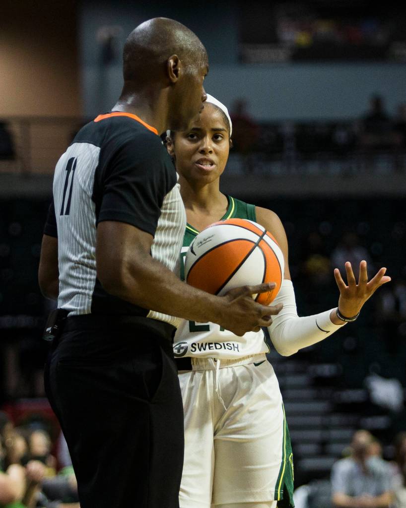 Seattle Stormճ Jordin Canada talks to the referee about a call during the game against the Chicago Sky at Angel of the Winds Arena on Friday, Aug. 27, 2021 in Everett, Wash. (Olivia Vanni / The Herald)