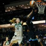 Seattle Stormճ Breanna Stewart reaches to block a shot during the game against the Chicago Sky at Angel of the Winds Arena on Friday, Aug. 27, 2021 in Everett, Wash. (Olivia Vanni / The Herald)