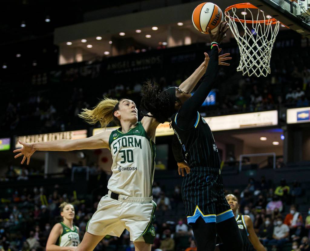 Seattle Stormճ Breanna Stewart reaches to block a shot during the game against the Chicago Sky at Angel of the Winds Arena on Friday, Aug. 27, 2021 in Everett, Wash. (Olivia Vanni / The Herald)