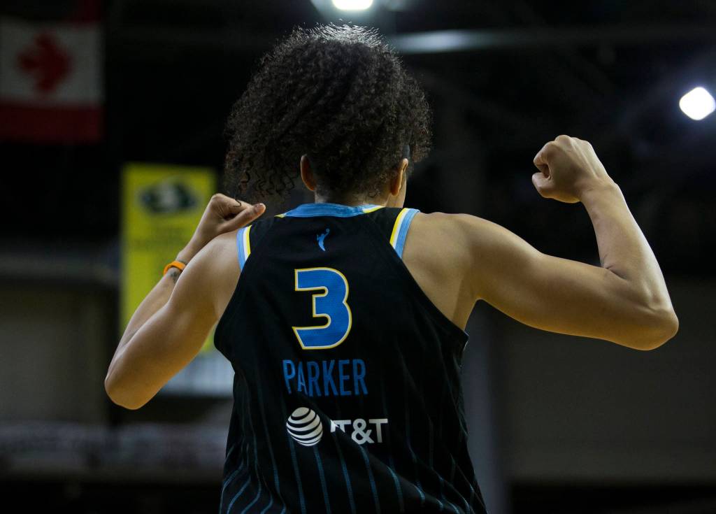 Chicago Skyճ Candace Parker reacts to beating the Seattle Storm at Angel of the Winds Arena on Friday, Aug. 27, 2021 in Everett, Wash. (Olivia Vanni / The Herald)
