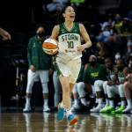 Seattle Stormճ Sue Bird yells out a play during the game against the Chicago Sky at Angel of the Winds Arena on Friday, Aug. 27, 2021 in Everett, Wash. (Olivia Vanni / The Herald)