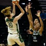 Seattle Stormճ Breanna Stewart makes a jump shot over Chicago Skyճ Candace Parker and Skyճ Azur Stevens during the game at Angel of the Winds Arena on Friday, Aug. 27, 2021 in Everett, Wash. (Olivia Vanni / The Herald)