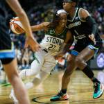 Seattle Stormճ Jordin Canada drives to the hoop during the game against the Chicago Sky at Angel of the Winds Arena on Friday, Aug. 27, 2021 in Everett, Wash. (Olivia Vanni / The Herald)