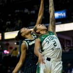 Seattle Stormճ Mercedes Russell and Chicago Skyճ Azur Stevens reach for the ball during the game at Angel of the Winds Arena on Friday, Aug. 27, 2021 in Everett, Wash. (Olivia Vanni / The Herald)