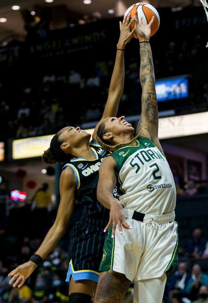 Seattle Stormճ Mercedes Russell and Chicago Skyճ Azur Stevens reach for the ball during the game at Angel of the Winds Arena on Friday, Aug. 27, 2021 in Everett, Wash. (Olivia Vanni / The Herald)