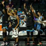 The Chicago Sky bench reacts to a three point shot during the game at Angel of the Winds Arena on Friday, Aug. 27, 2021 in Everett, Wash. (Olivia Vanni / The Herald)