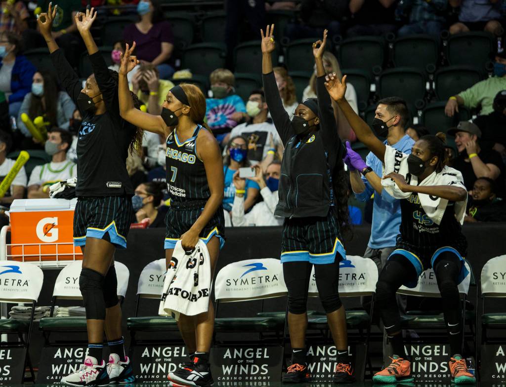 The Chicago Sky bench reacts to a three point shot during the game at Angel of the Winds Arena on Friday, Aug. 27, 2021 in Everett, Wash. (Olivia Vanni / The Herald)