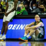 Seattle Stormճ Sue Bird waits to be subbed in during the game against the Chicago Sky at Angel of the Winds Arena on Friday, Aug. 27, 2021 in Everett, Wash. (Olivia Vanni / The Herald)