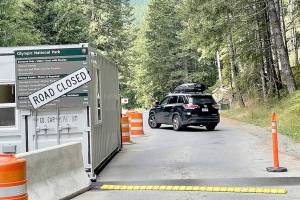 A vehicle turns away Monday morning from Olympic National Parks Heart O the Hills entry station after Hurricane Ridge Road was closed due to a suspected armed man fleeing into the woods. (Paul Gottlieb / Peninsula Daily News)