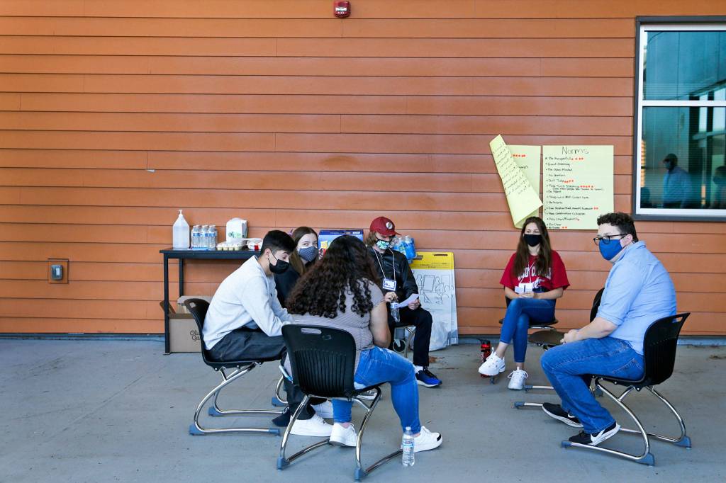 Students participate in a public speaking clinic for the newly formed Marysville Youth Advocacy Committee at Marysville Getchell High School. (Kevin Clark / The Herald)