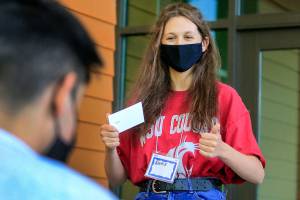 Emily Heck gives a speech during the public speaking clinic for the newly formed Marysville Youth Advocacy Committee Tuesday afternoon at Marysville-Getchell High School in Marysville on August 24, 2021. (Kevin Clark / The Herald)
