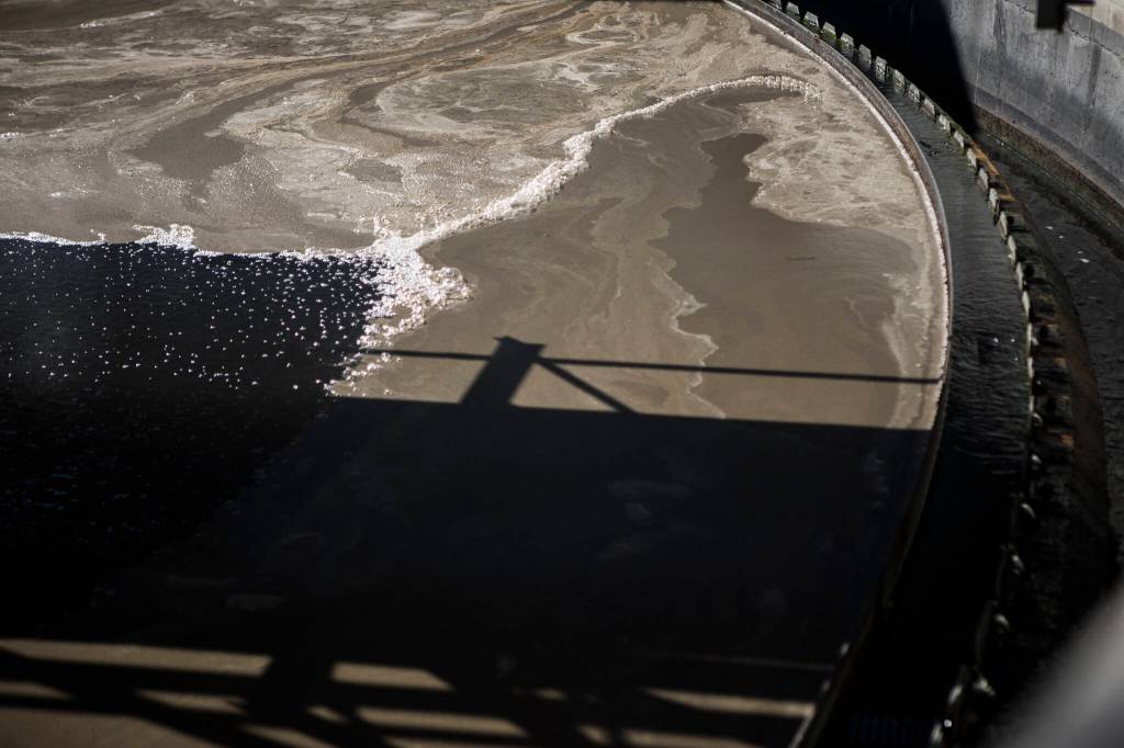 Sludge floats atop of one the secondary clarifiers at the Edmonds Wastewater Treatment Plant last Thursday in Edmonds. (Olivia Vanni / The Herald)