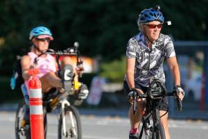 Brenda Mueller, left, and Lynn Salvo arrives at Everett United Church of Christ Tuesday afternoon on September 7, 2021. (Kevin Clark / The Herald)