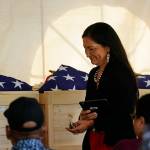 Interior Secretary Deb Haaland moves to speak during a ceremony at the U.S. Army's Carlisle Barracks, in Carlisle, Pa., Wednesday, July 14, 2021. The disinterred remains of nine Native American children who died more than a century ago while attending a government-run school in Pennsylvania were headed home to Rosebud Sioux tribal lands in South Dakota on Wednesday after a ceremony returning them to relatives. (AP Photo/Matt Rourke)