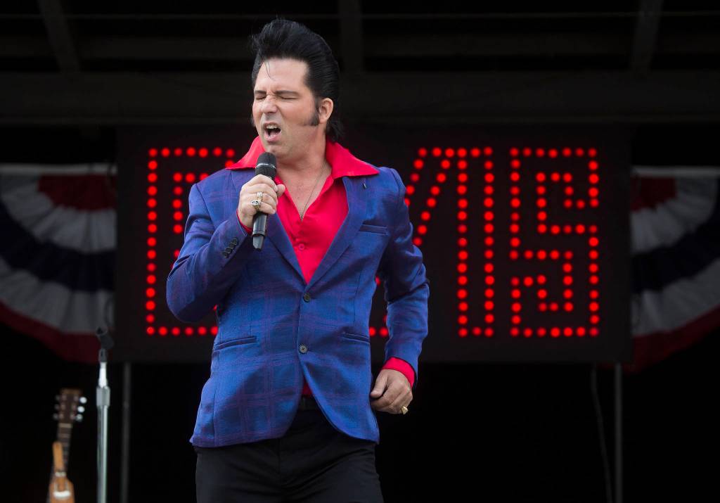 Danny Vernon, Illusion of Elvis Presley tribute impersonator, performs at the Evergreen State Fair on Monday in Monroe. (Andy Bronson / The Herald)