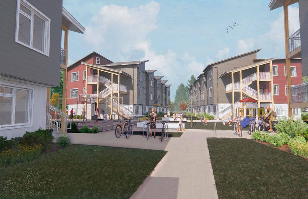 An artist&rsquo;s illustration shows a courtyard view of Housing Hope&rsquo;s Twin Lakes Landing II apartments. The project will provide two- and three-bedroom units for low-income families in Snohomish County. (Dykeman Architecture + Design)
