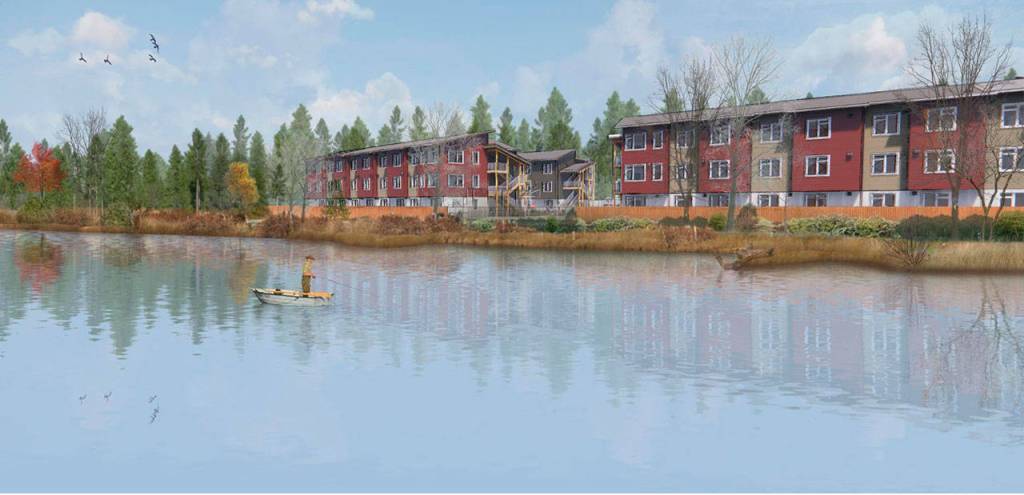 An artist&rsquo;s illustration shows the view of Housing Hope&rsquo;s Twin Lakes Landing II apartments from Gissberg Twin Lakes in Marysville. (Dykeman Architecture + Design)
