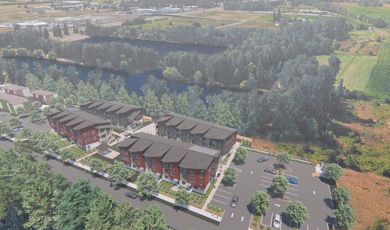 An artists illustration shows an aerial view of the Twin Lakes Landing II development in Marysville. Housing Hopes affordable-housing development will provide 60 units of two- and three-bedroom apartments. (Dykeman Architecture + Design)