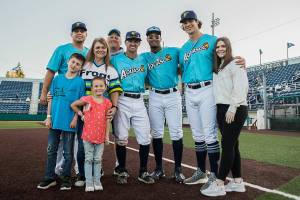 Host parents Julie and Norman Nicholson with AquaSox players Bernie Martinez (left to right), Cody Grosse, Joseph Rosa and Jarod Bayless with his wife Hannah Bayless who are all being accommodated by the Nicholson family. (Olivia Vanni / The Herald)