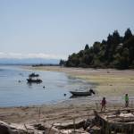 People walk on the sandy beach at low tide at Phil Simon Park in Langley. (Olivia Vanni / The Herald)