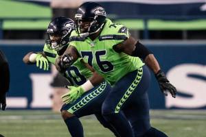 Seattle Seahawks offensive lineman Duane Brown is pictured during the first half an NFL football game against the Arizona Cardinals, Thursday, Nov. 19, 2020, in Seattle. The Seahawks won 28-21. (AP Photo/Stephen Brashear)