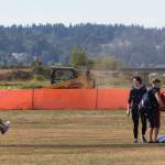 Tandem parachutists with Skydive Snohomish land and gather their canopies at Harvey Field in Snohomish on Thursday while repaving is underway at the nearby asphalt runway. (Andy Bronson / The Herald)