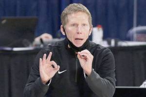 FILE - In this Feb. 25, 2021, file photo, Gonzaga coach Mark Few signals to players during the second half of an NCAA college basketball game against Santa Clara in Spokane, Wash. Few has been cited for driving under the influence. The Coeur d’Alene Press and Spokesman-Review acquired a police report through a public information request that says Few was stopped Monday evening, Sept. 6, after he was “called in as driving erratic and speeding.” (AP Photo/Young Kwak, File)