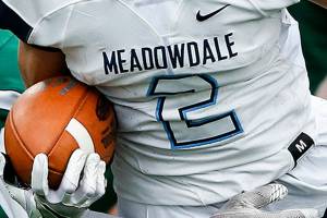 Ian Terry / The Herald

Meadowdale's Jayden Jackson breaks a tackle during a game against Edmonds-Woodway at Edmonds Stadium on Friday, Oct. 6.

Photo taken on 10062017