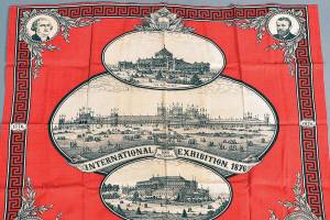 This Centennial Exhibition handkerchief with portraits of Washington and Grant and pictures of exhibition buildings is 22 inches by 28 inches and sold at Conestoga Auction Co. for $70. (Cowles Syndicate Inc.)