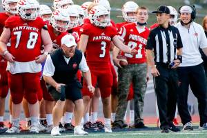 Snohomish's Joey Hammer, head coach, reacts to a call on the field Friday night at Veteran's Memorial Stadium in Snohomish September 3, 2021. (Kevin Clark / The Herald)