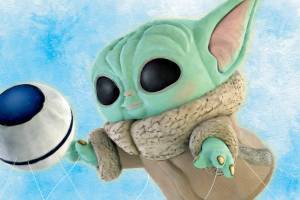 A drawing of the giant Funko Pop! balloon depicting Baby Yoda, which will wind through the streets of New York during this year’s Macy’s Thanksgiving Day Parade. (Funko) 20210912