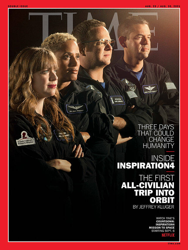 The crew of the Inspiration4 orbital mission of SpaceX on the Aug. 23, 2021, cover of Time magazine. From left, Hayley Arceneaux of Memphis, Tennessee, Sian Proctor of Phoenix, Chris Sembroski of Everett and Jared Isaacman of Washington, New Jersey. (Time)