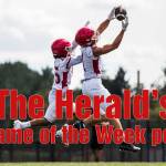 Marysville-Pilchuck’s Darren Johnson-Jones, left, tries to block a pass to Miguel Chavez, right, during football practice on Thursday, Aug. 19, 2021 in Marysville, Wash. (Olivia Vanni / The Herald)