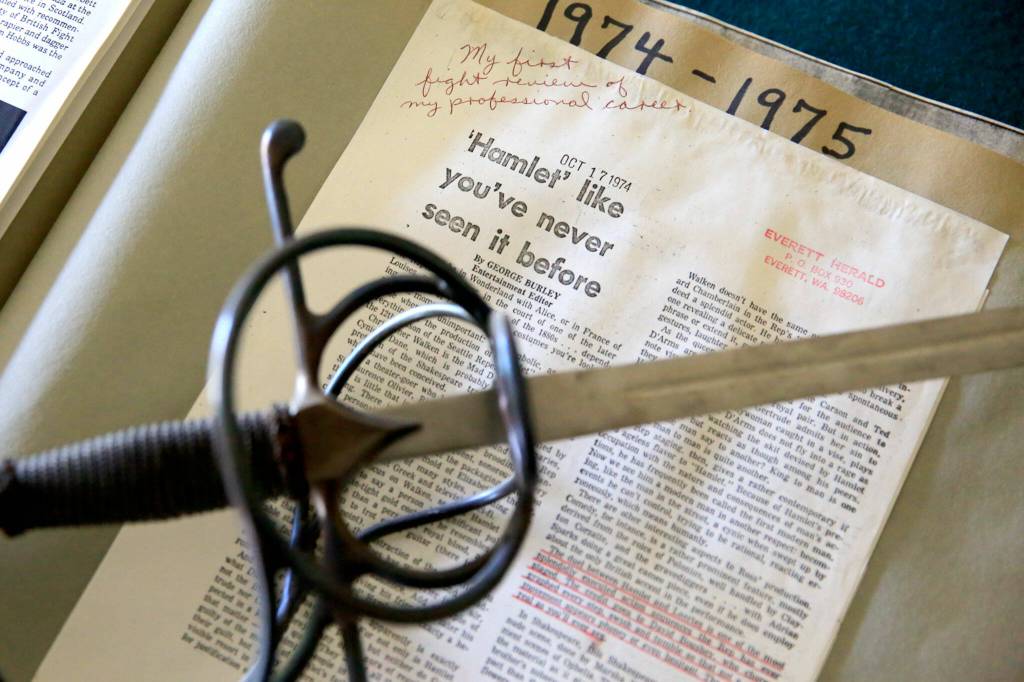 David Bousheys first theater review in the The Everett Herald is part of his collection of items spanning decades. Boushey is a retired stuntman, fight director and member of Hollywoods Stuntmens Hall of Fame. (Kevin Clark / The Herald)