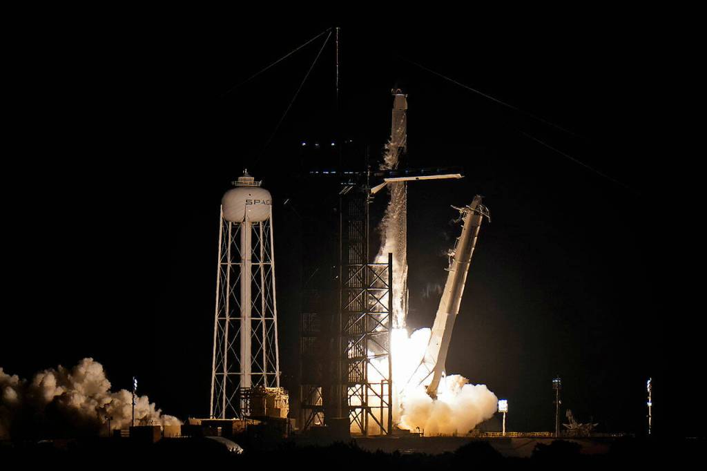 A SpaceX Falcon 9, with four private citizens onboard, lifts off from Kennedy Space Centers Launch Pad 39-A on Wednesday in Cape Canaveral, Florida. (AP Photo/Chris OMeara)