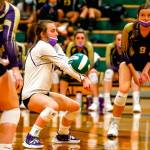 Lake Stevens' Kennedy Steen digs against Lake Stevens' Tuesday night at Edmonds-Woodway High School in Edmonds on September 7, 2021. The Vikings won in straight sets. (Kevin Clark / The Herald)