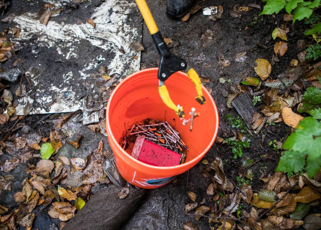 Needles are dropped into a bucket during an encampment cleanup Sunday east of I-5 between 128th Street SE and 130th Street SE near Everett. (Olivia Vanni / The Herald)