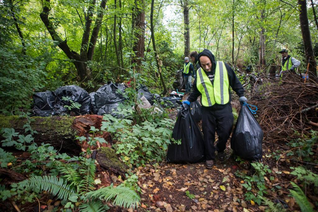 Bags of trash are carried out of an encampment Sunday after a weekend cleanup organized by The Hand Up Project at a wooded private property near Everett. (Olivia Vanni / The Herald)