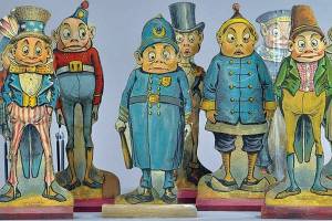 This 1930 Palmer Cox Brownie Ten Pin Set with 12-inch-high paper and wood Brownies sold at Bertoia Auctions for $354. (Cowles Syndicate Inc.)