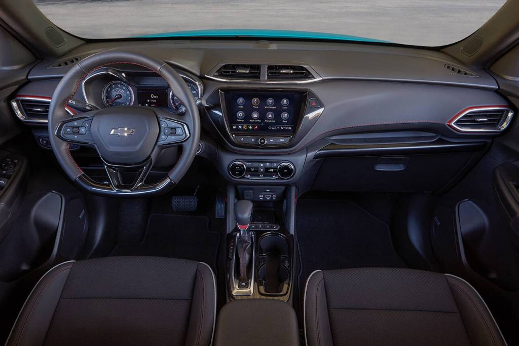 An 8-inch touchscreen infotainment system is available on the 2022 Chevrolet Trailblazer RS, whose interior is shown here. (Manufacturer photo)
